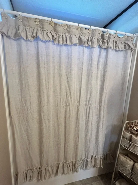 Pottery Barn beige flax linen shower curtain