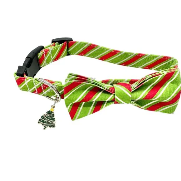 Holiday Dog Bow Tie Collar Christmas Tree Charm Small Adjustable Red Green NEW