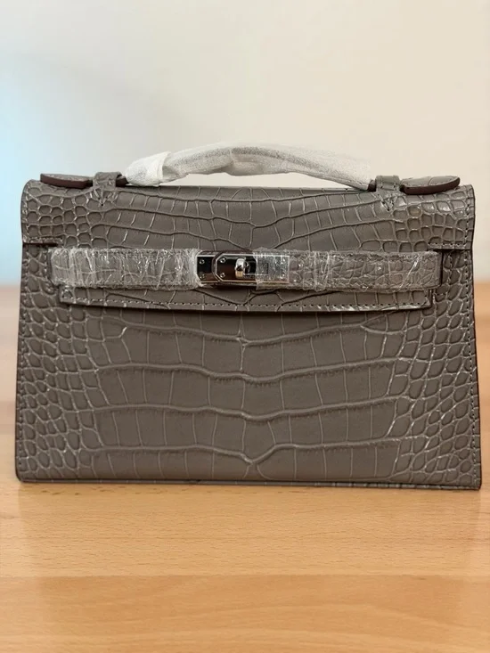 H Kelly Pochette gray matte embossed crocodile alligator leather Gris Ciment PHW