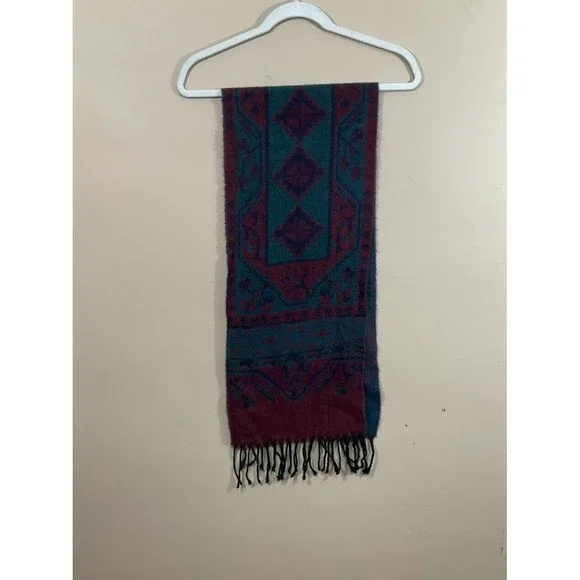VTG Christian Dior Cashluxe Rectangle Scarf Red Blue 80s Fringe Geometric Print