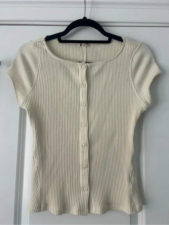 Free People Cream Ribbed Button-Front Women's Top