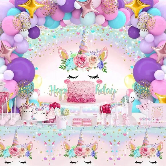 Unicorn Birthday Decoration Set - Backdrop, Balloons, Table Cloth