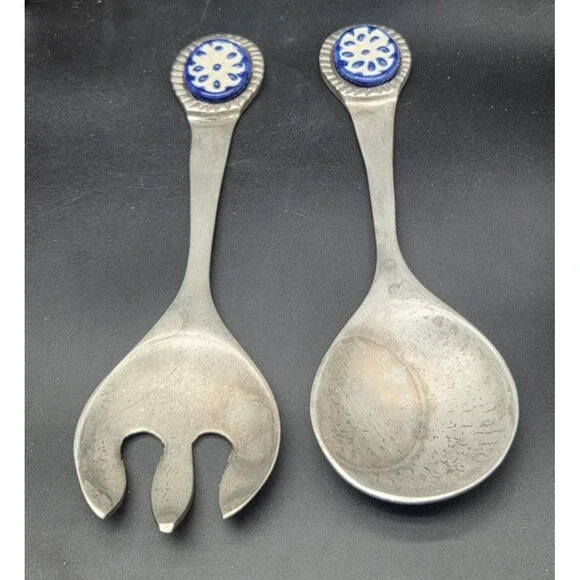 Albuhi Cast Aluminum Ceramic Salad Tossing Serving Set Fork Spoon Made in Mexico