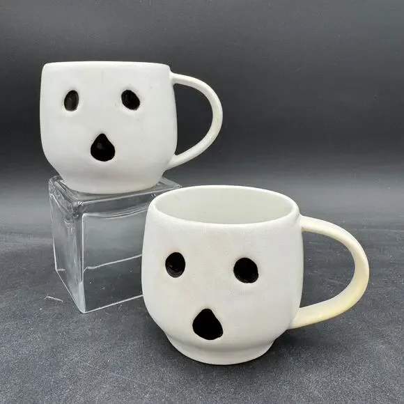 Pottery Barn Ghost Mugs Halloween Stoneware Kitchen Matte White Spooky