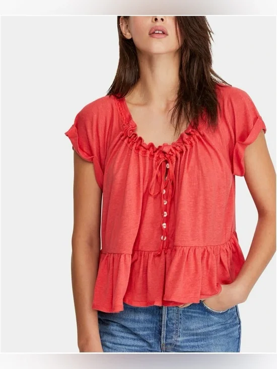 Free People Coral Ruffle Peplum Button-Front Top