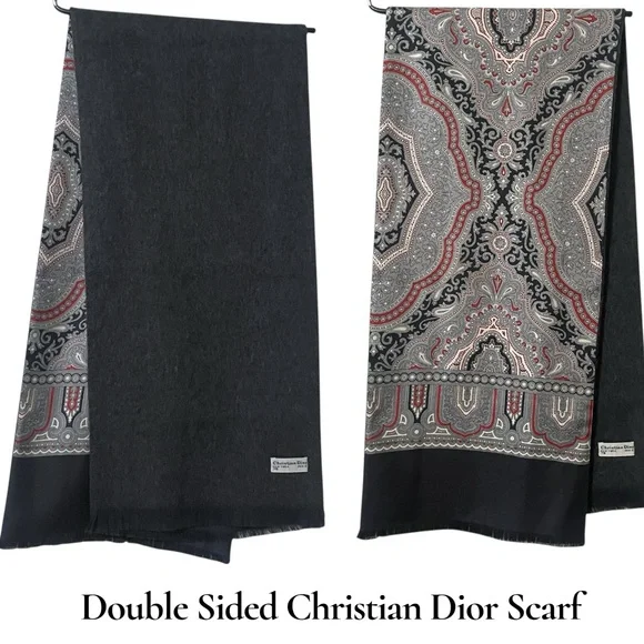 Christian Dior Double Sided Black & Gray Patterned Tuxedo Style Scarf 11