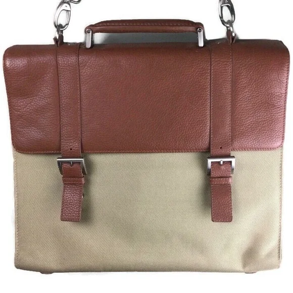 Bosca Leather and Canvas Flap Top Crossbody Messenger Briefcase