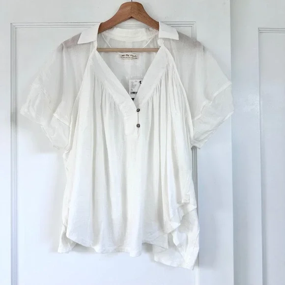 Free People We The Free Wildflower Top Optic White Cotton Ramie Blouse XS NEW