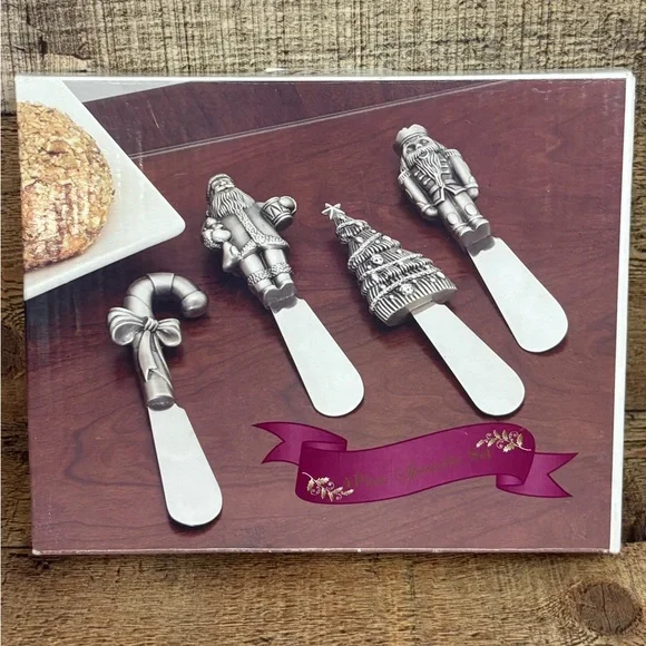 Vintage Belk Home Accent Stainless Steel Christmas 4 Spreaders Set in Box Party