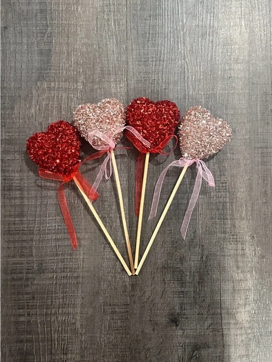 💞 New Pack of 4 Red & Pink Glitter Heart Pick Valentine’s Day Decorations