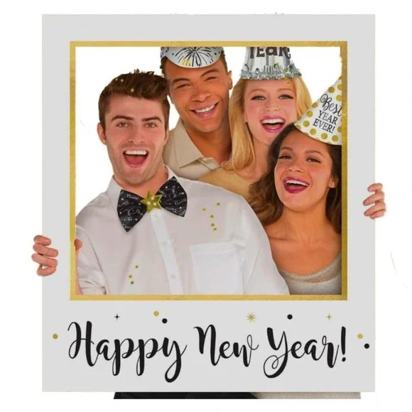 Happy New Year Photo Booth Frame Prop Gold White Black‎ NYE Party Decor 35x30