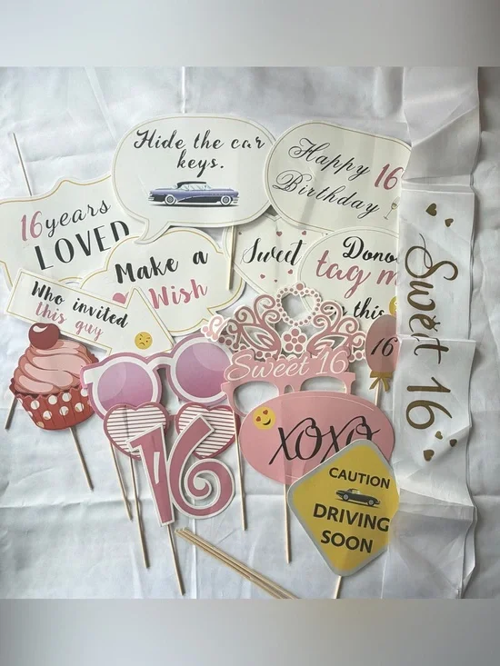 Lot of 16 Sweet 16 party photo booth props with 1 white sash