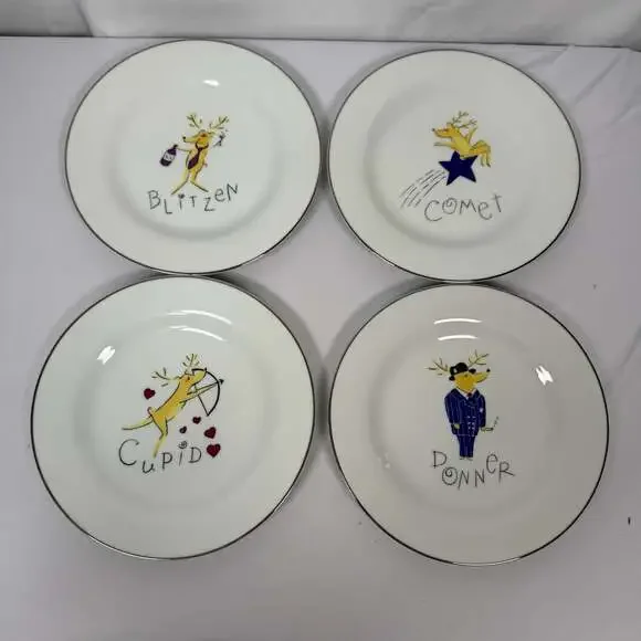 Pottery Barn Reindeer Appetizer Dessert Plates Set of 4 Blitzen Comet Cupid Donn