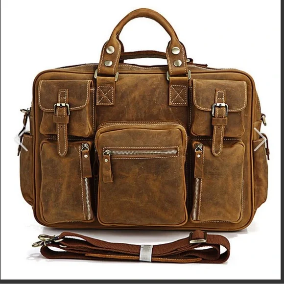 Casual Leather Briefcases Laptop Bag Brown Color Americana