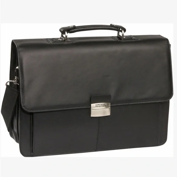 Kenneth Cole Reaction Black Leather Business Briefcase Computer Bag With Strap