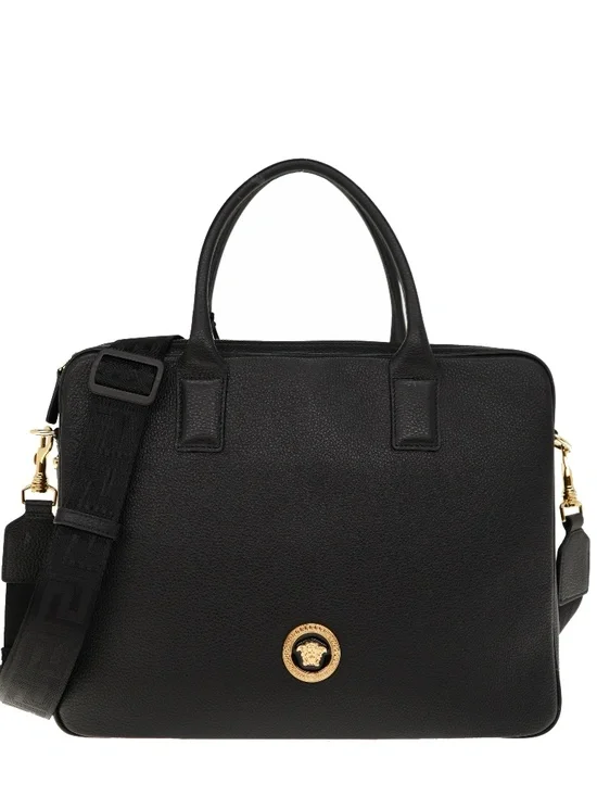 Versace Medusa Briefcase Document Case Black Grainy Leather New