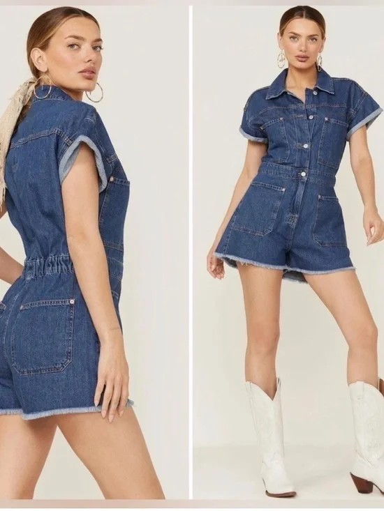 We The Free Free People Work Hard Play Harder Denim Romper Small Blue Utility