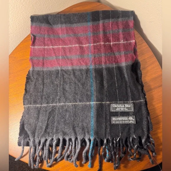 Vintage Christian Dior Monsieur 100% Lambswool Plaid Scarf