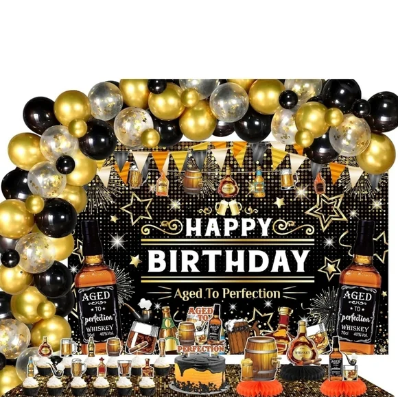 Perfection Whiskey-Themed Birthday Decor - Black and Gold