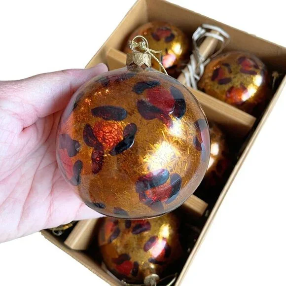 Pottery Barn Set of 6 Mercury Glass Animal Leopard Print Christmas Ball Ornament