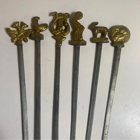 Set Of 6 Vintage Turkish Brass & Stainless Kebab Skewers Ornate Handles 14.5”