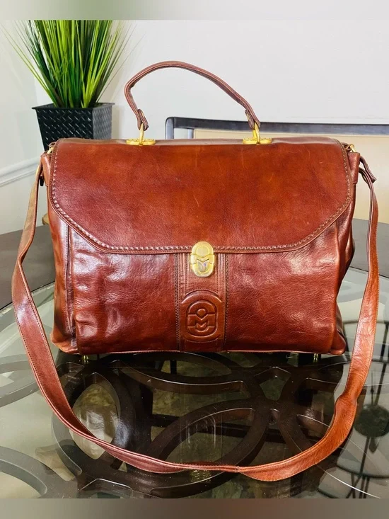 Vintage Marino Orlandi Brown Leather Satchel Bag - Made in Italy - Gold Hardware