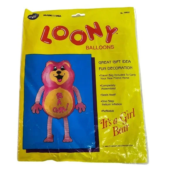 CTI Industries Loony Balloons It's A Girl Pink Bear Gender Reveal New Vtg 1989