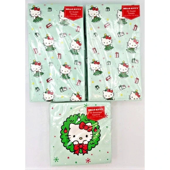 Hello Kitty Christmas‎ Napkins Towels Wreath Turquoise Holiday 40/32 Lot Of 3