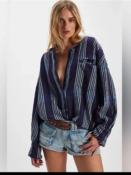 FREE PEOPLE We The Free Denim Dreaming Pullover in Blue Stripe oversized Small