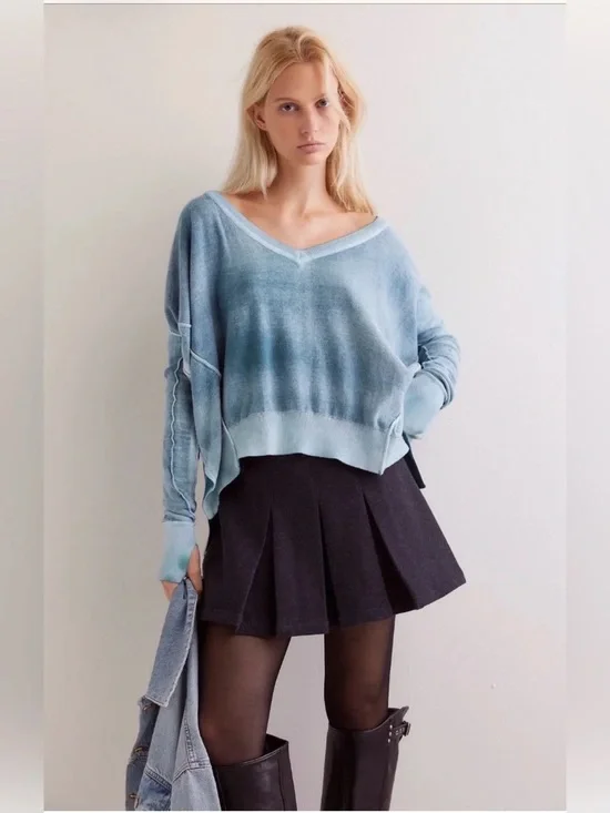 FREE PEOPLE We The Free Gibson V-Neck Pullover Sweater Top Blue Size Small