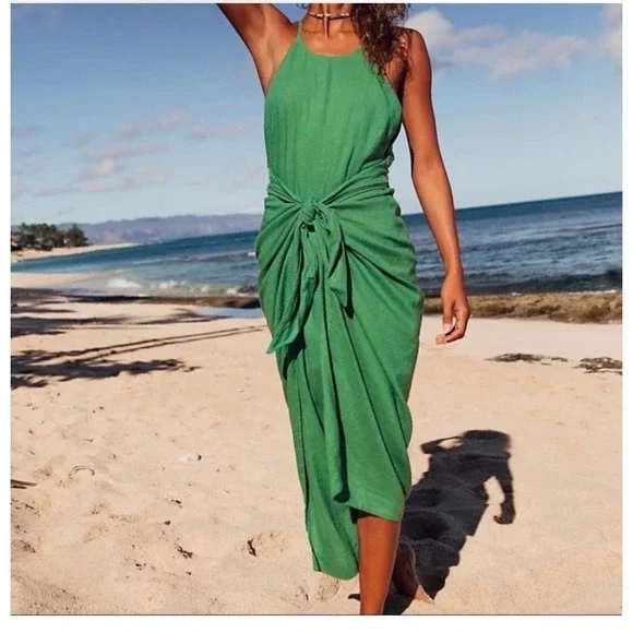 Free People Womens People call Me Green Midi Wrap Dress Size XS Boho Coastal