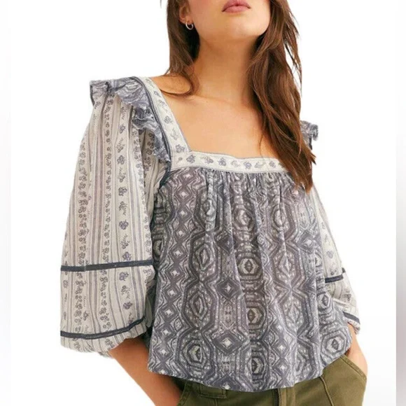 B2 Free People Mostly Meadow Blouse M Puff‎ Sleeve