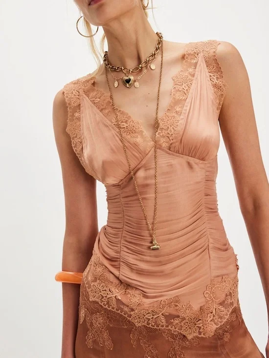 NWOT Free People Elena Lace Tank in Peached Copper
