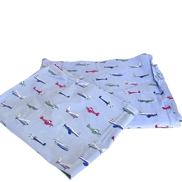 Pottery Barn Airplane Flat‎ Sheet 1 Pillowcase Twin Size 100% Cotton Blue