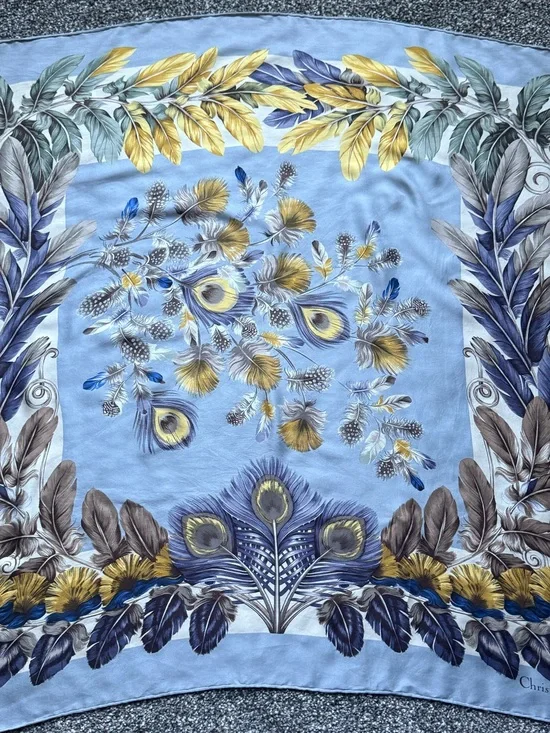 Dior Scarf. 100% Silk. Blue, Gold & Navy Feather Print