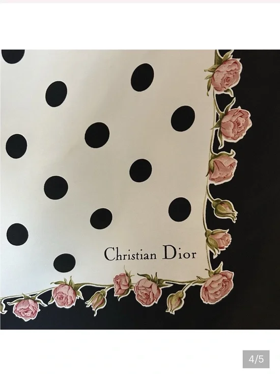 Elegant Dior Black White Polka Dot Silk Scarf with Pink Rose Border ~ Beautiful