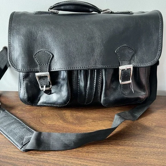 Floto Firenze Black Leather Buckle Strap Briefcase Messenger Bag Made In Italy