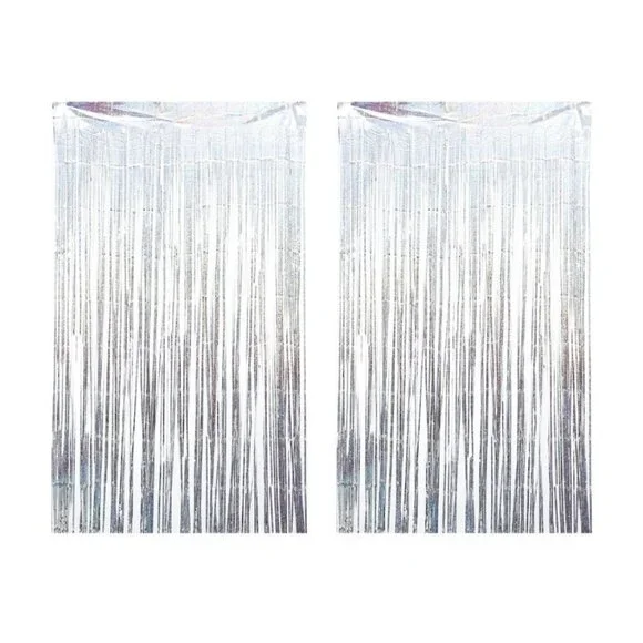 2 Packs Silver Multicolor Tinsel Foil Fringe Curtain Backdrop Engagement Bridal