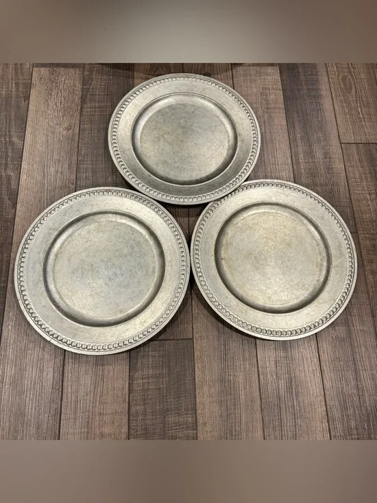 Set of 3 Pottery Barn Beaded Silver Gilt Charger Plates Pewter-Look