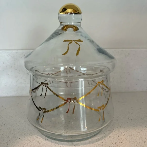 Pottery Barn Gold Bows Glass Candy Jar NEW