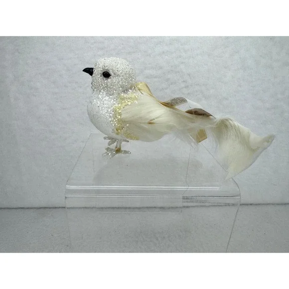 Pottery Barn Feather Bird Ornament 8215642 White Gold Beaded NEW