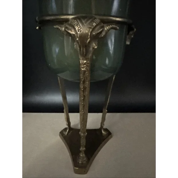 Vtg MCM Brass Stand Paired w Pottery Barn Glass Candle Holder Ram Head Man‎ Cave