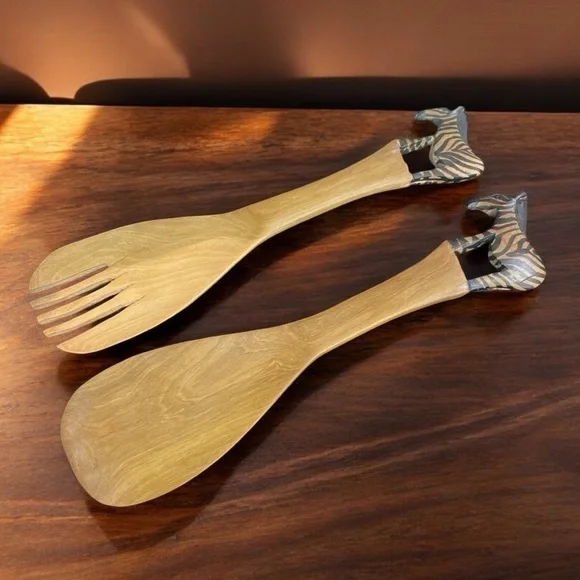 Wood Carved Painted Zebra Salad Servers from Kenya