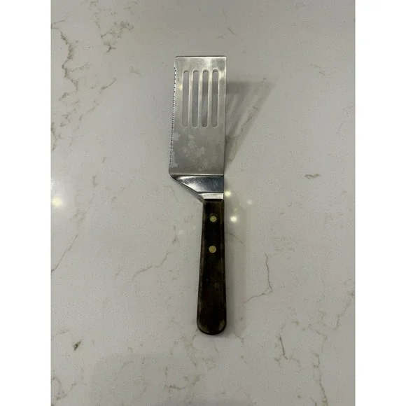 Vintage Short Wood Handle‎ Serrated Slotted Spatula Made In Japan Turner Server