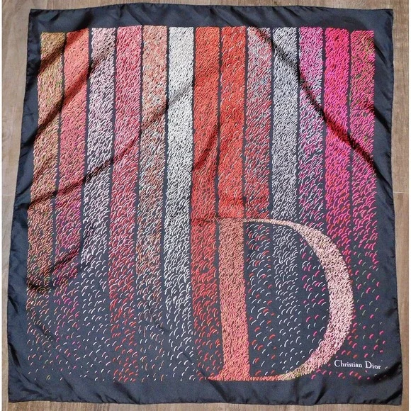 Christian Dior Black Red Multi‎ 100% Silk Scarf Italy 30 x 30