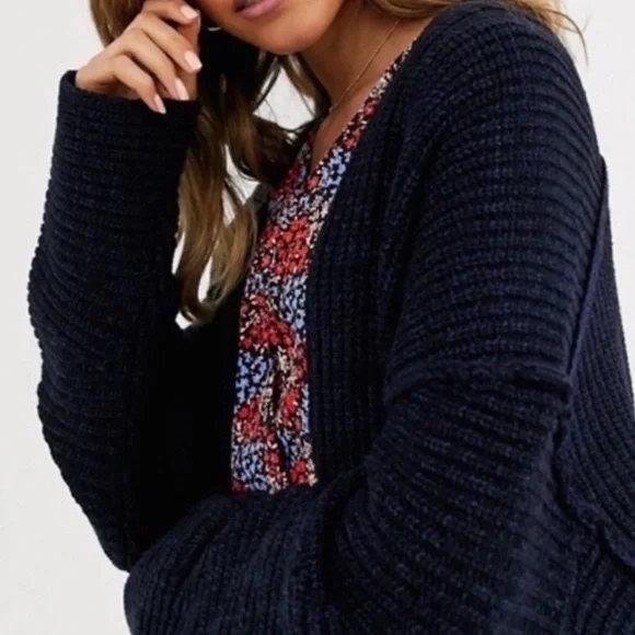 Free People Navy Black Chunky Knit Cardigan Sweater