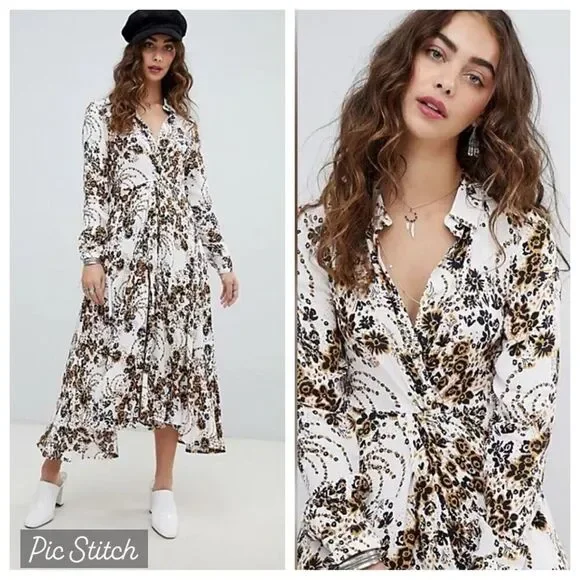 EUC Free People White and Brown Floral Maxi Dress