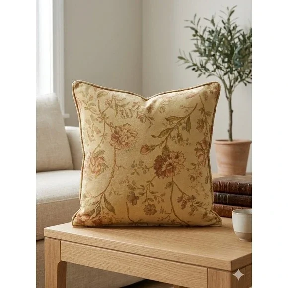 Pottery Barn Vintage Velvet Floral Pillow Cover 18x18 Tan Gold Botanical Sham