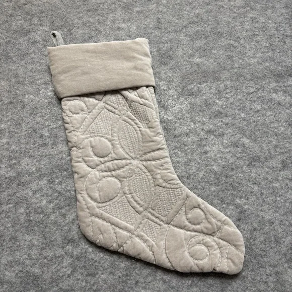 Pottery Barn Velvet‎ Quilted Christmas Stocking Taupe Beige Scroll