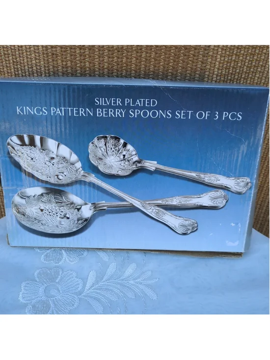 Godinger Silver Art Co Kings Pattern Silver Plated Berry Spoons Set 3 Pcs